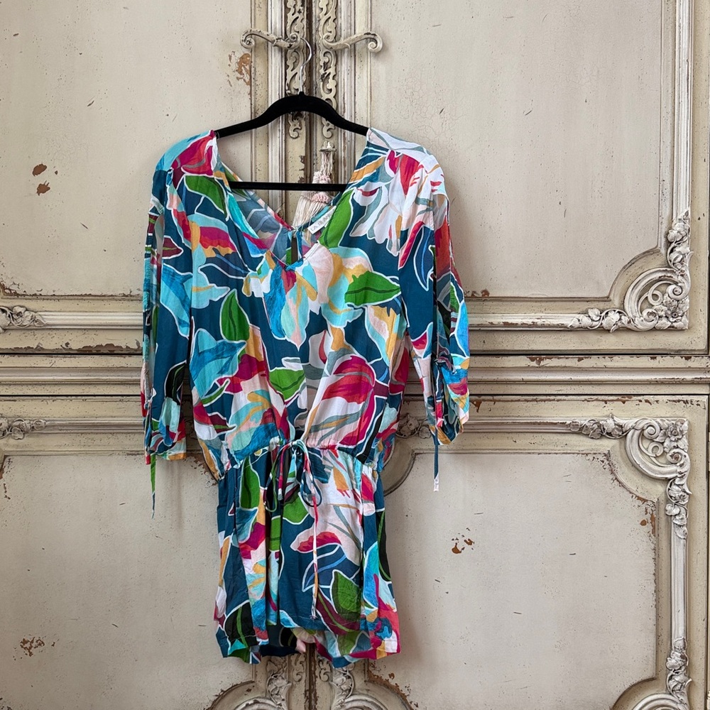 La Blanca Multicolor Floral V-Neck Top in Blue, Green, Pink coverup romper